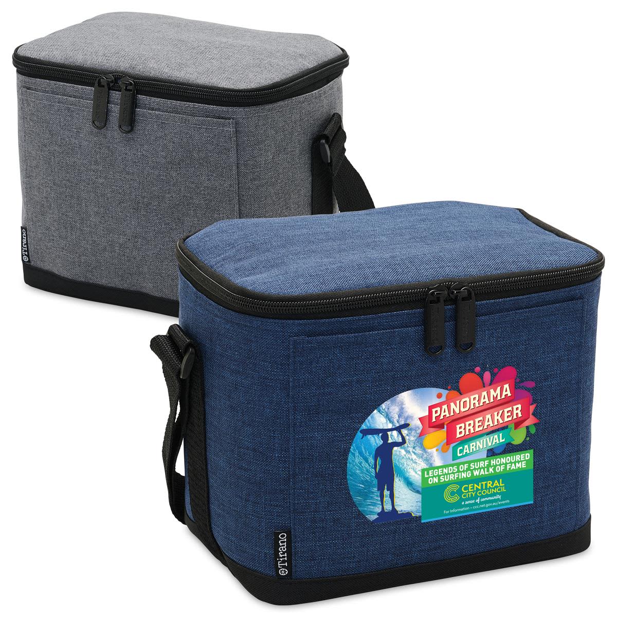 Two insulated cooler bags, one gray and one blue, with zippers and shoulder straps.