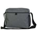 Gray shoulder bag with a black strap and a mesh side pocket.