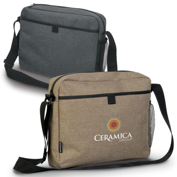 Two messenger bags, one gray and one beige with a logo, displayed side by side.