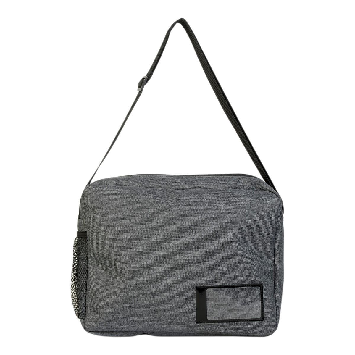Gray messenger bag with a black adjustable strap and mesh side pocket.