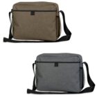 Two sling bags: one brown and one gray, each with a black strap and side mesh pocket.
