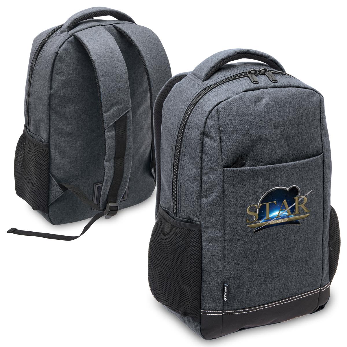 Gray backpack with STAR logo, two main compartments, and side mesh pockets.