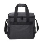 Dark gray insulated cooler bag with black handles and zippered top.