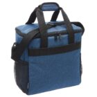 Blue insulated cooler bag with black straps and zippered front pocket.