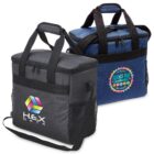 Two insulated lunch bags with logos, one grey and one blue.