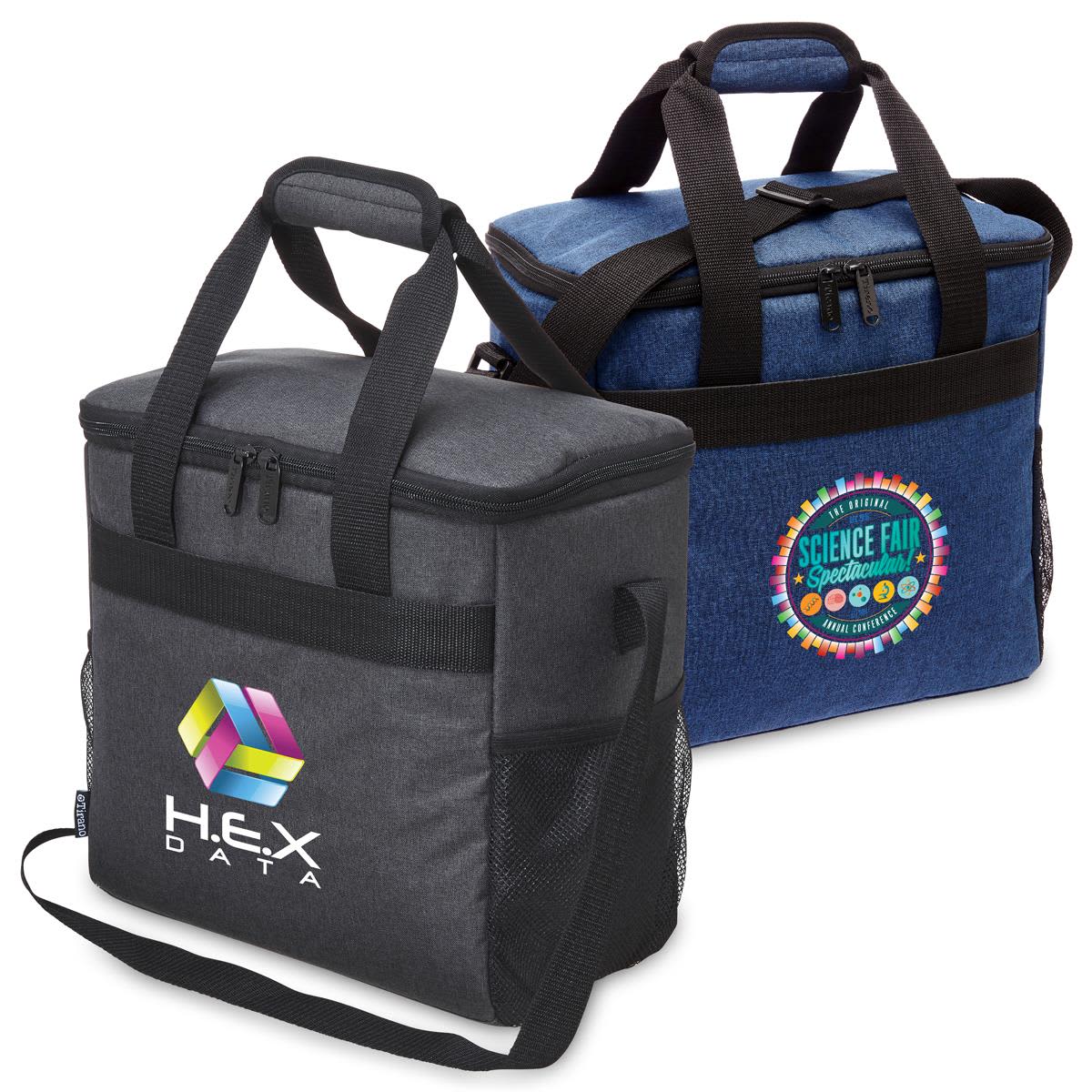 Two insulated lunch bags with logos, one grey and one blue.