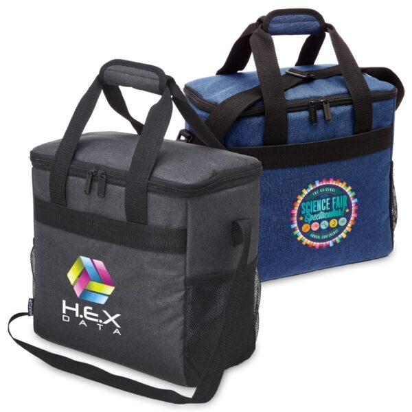 Two branded insulated cooler bags, one gray and one blue, with logos.