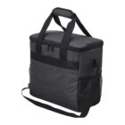 A gray insulated cooler bag with black straps and a front pocket.