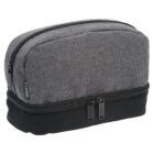 Grey and black zippered toiletry bag with two compartments.