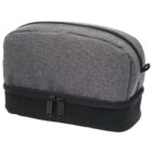 Gray and black fabric toiletry bag with two zippered compartments.