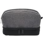 Gray and black toiletry bag with a zipper closure.