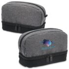 Two gray toiletry bags with compartments, featuring a colorful logo and the text EXPANDED MINDS.