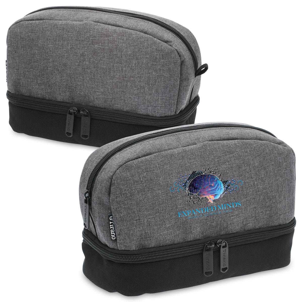 Two gray toiletry bags with compartments, featuring a colorful logo and the text EXPANDED MINDS.