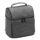Gray insulated lunch bag with a handle and front pocket.