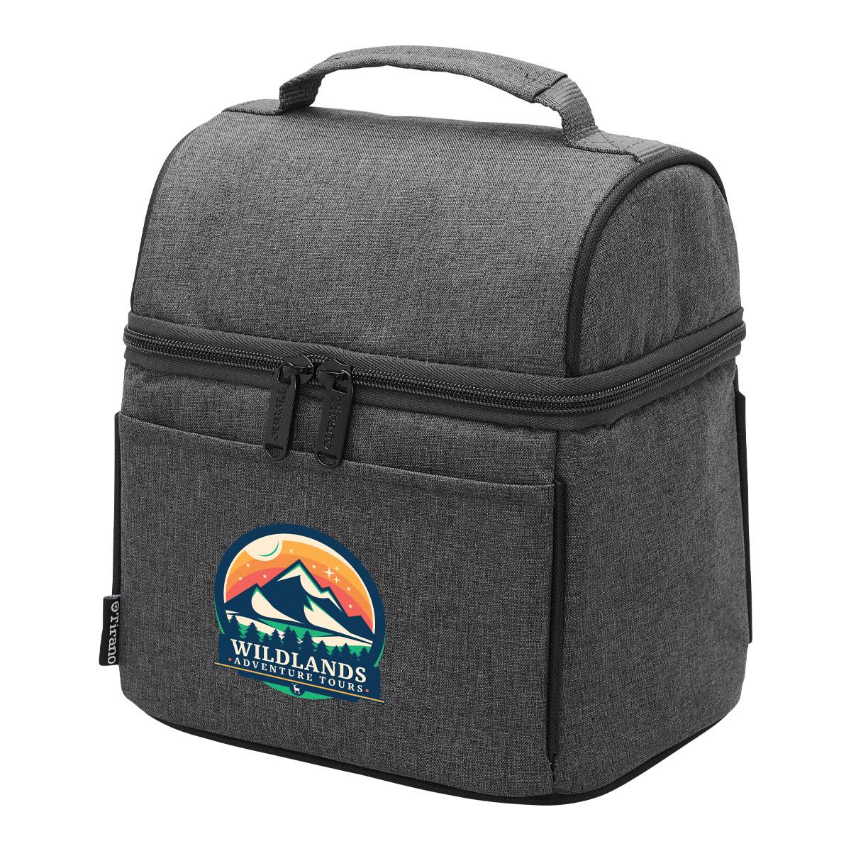 Gray insulated lunch bag with a mountain logo and Wildlands Adventure Tours text.