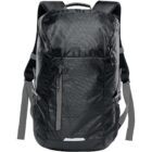 Black backpack with gray straps and multiple zippered compartments.