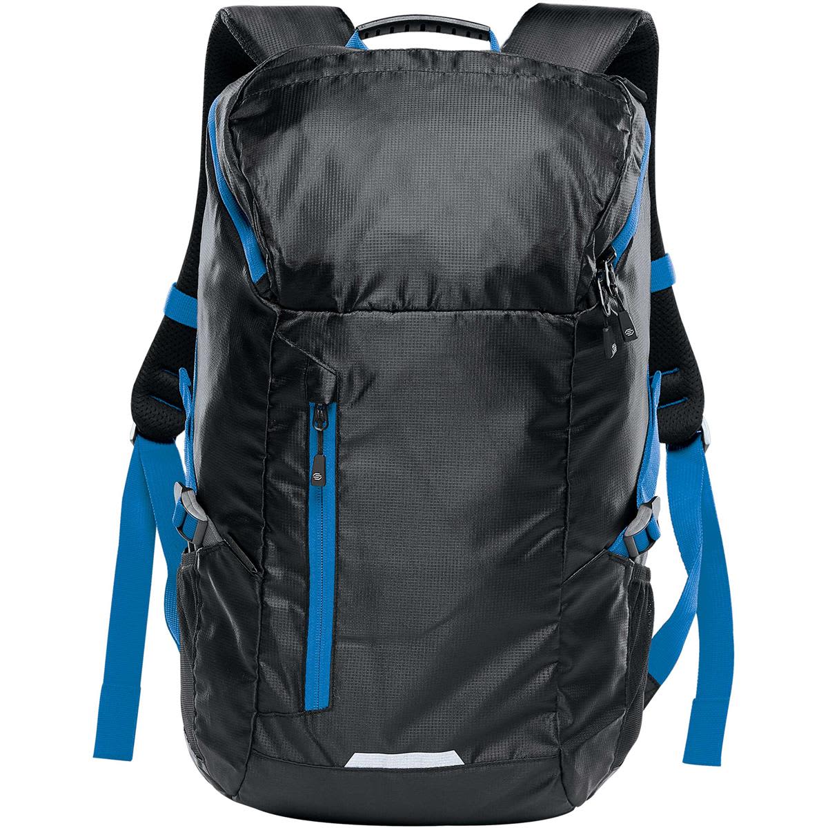 Black backpack with blue straps and multiple zippered compartments.