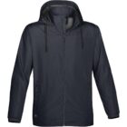 Dark gray hooded jacket with a front zipper and two side pockets.
