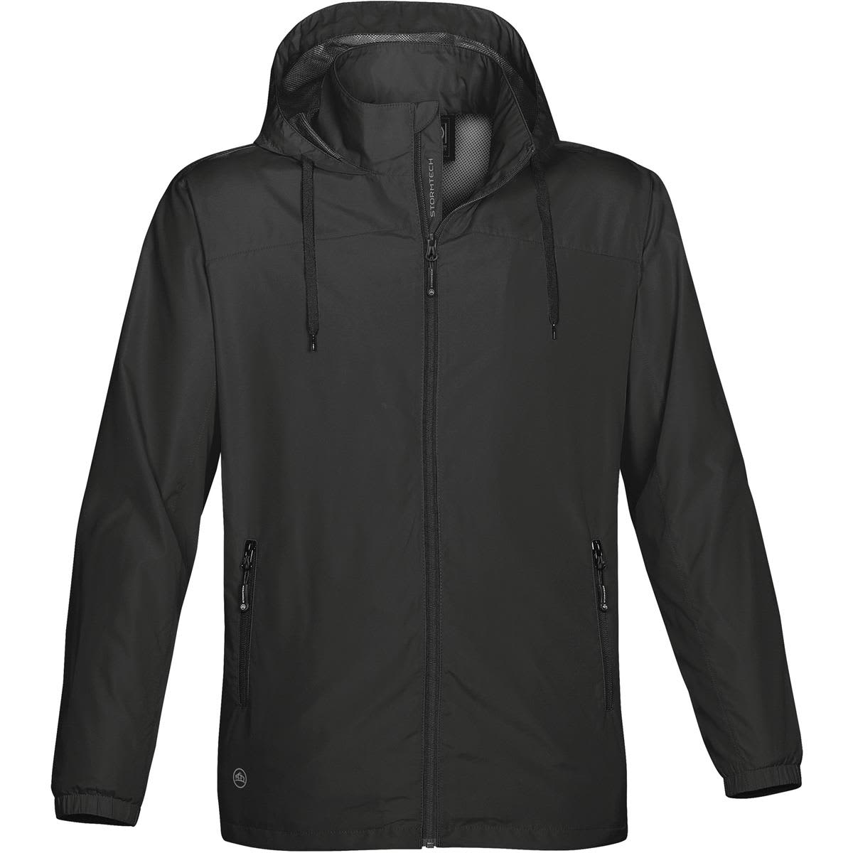 Black hooded jacket with front zipper and two zippered pockets.