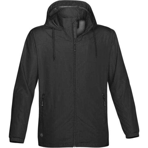 Black hooded jacket with zippered front and pockets.