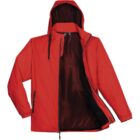 Red hooded jacket with black interior and zippered pockets.