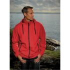 Person in a red jacket standing by a lake with a cloudy sky.