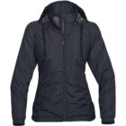 Dark gray hooded windbreaker jacket with front zipper and drawstrings.