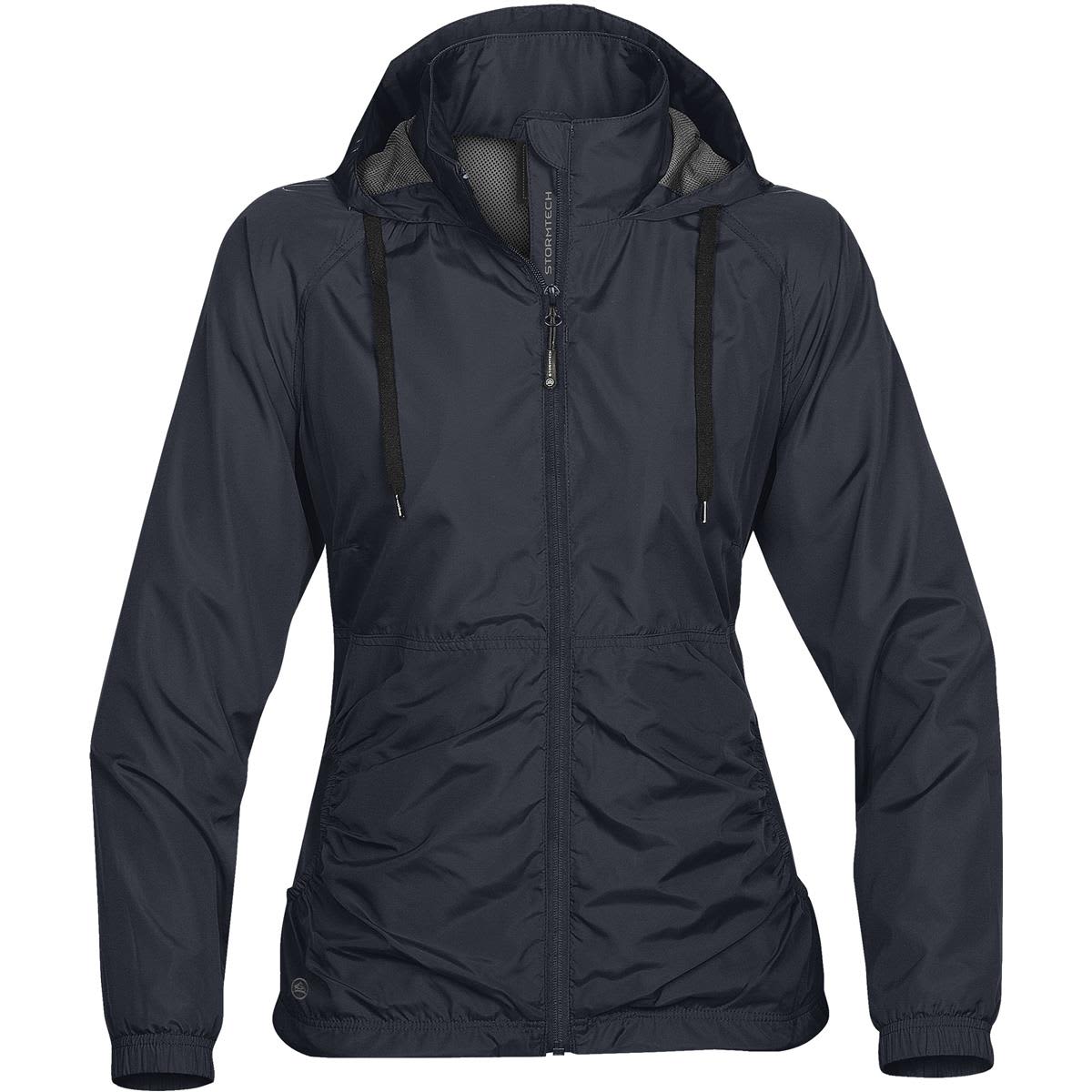 Dark gray hooded windbreaker jacket with front zipper and drawstrings.