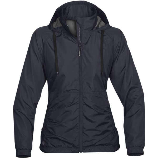 Dark hooded jacket with a front zipper and black drawstrings.