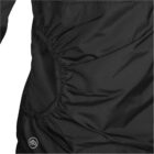 Black jacket with ruched detailing around a circular side pocket.