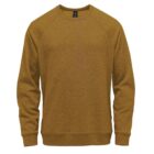 Mustard-colored sweatshirt with long sleeves and a crew neck.