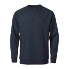 Dark blue, long-sleeved henley shirt with buttoned front and ribbed cuffs.