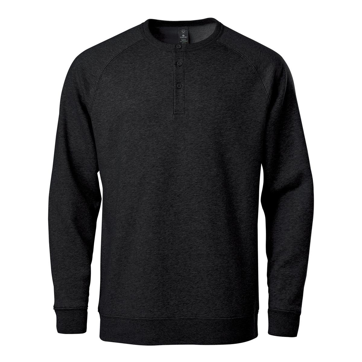Dark gray henley sweatshirt with long sleeves, buttoned placket, and crew neckline.