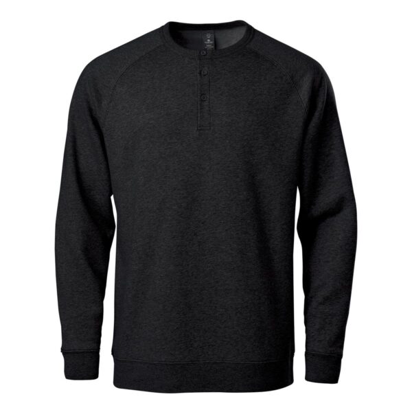 Black long-sleeve henley shirt with a buttoned placket.