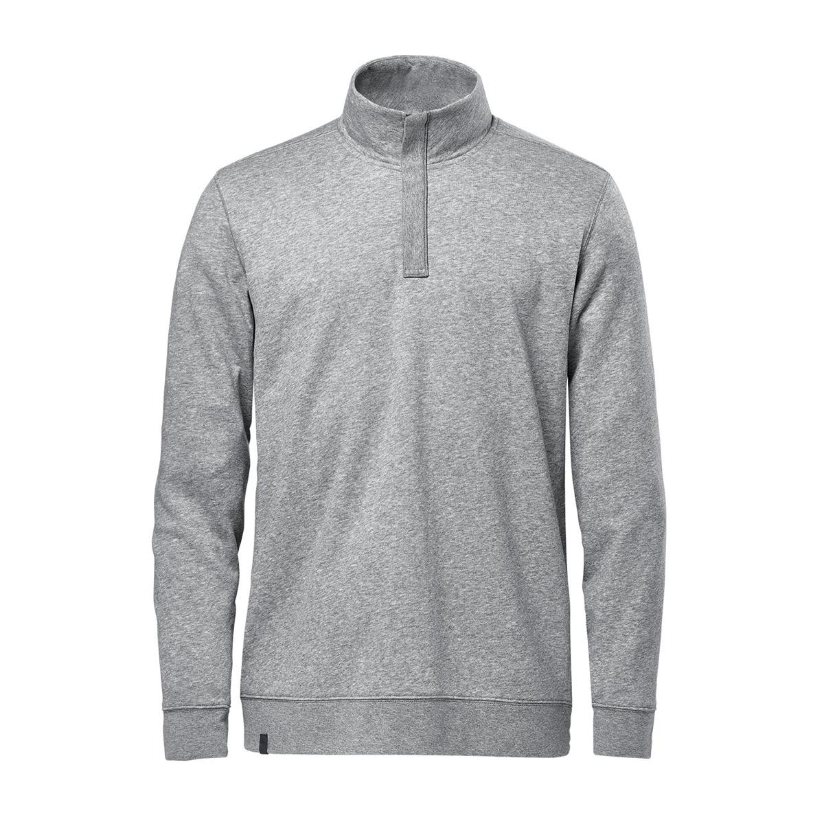 Gray pullover sweatshirt with a quarter-zip collar, long sleeves, and a smooth texture.