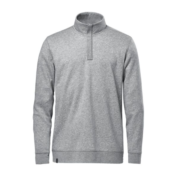 Gray quarter-zip pullover with long sleeves on a white background.