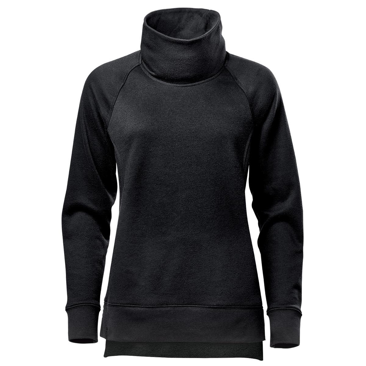 Black turtleneck sweater with long sleeves on a white background.