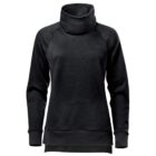 Black turtleneck fleece sweatshirt with long sleeves.