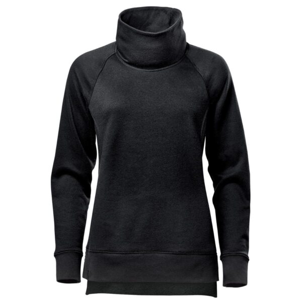 Black turtleneck fleece sweatshirt with long sleeves.