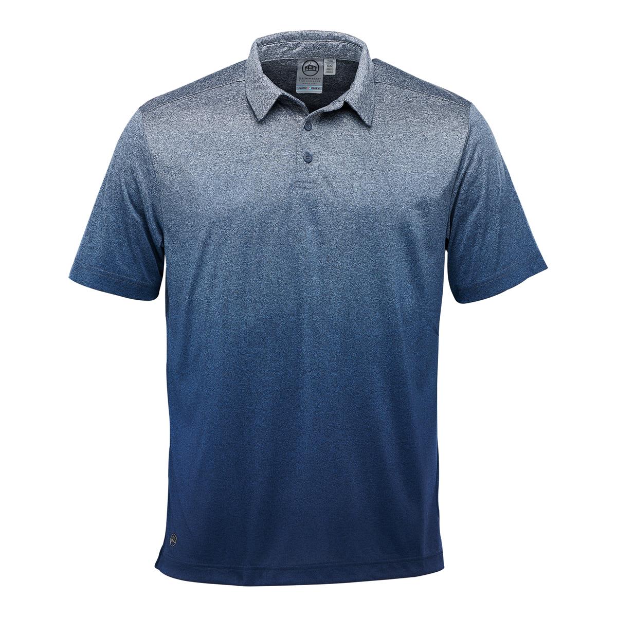 Blue gradient polo shirt with short sleeves and a collar.