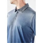 Man wearing a blue gradient polo shirt with a collar and buttons.