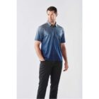 Man wearing a blue polo shirt and black pants against a plain background.