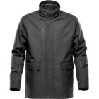 Black, sleek, waterproof jacket with high collar and multiple pockets.