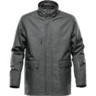 Gray waterproof jacket with zipper and snap buttons, high collar, and two front pockets.