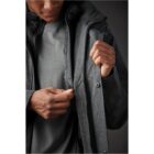 Person adjusting the zipper on a dark gray jacket.