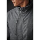 Person wearing a gray zip-up jacket with a high collar and side zipper pocket.