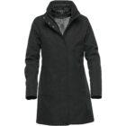 Black winter coat with high collar and front zipper.