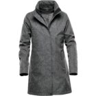Gray knee-length coat with a high collar and buttoned front.
