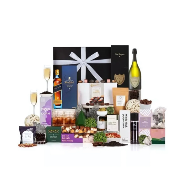 Viva Blue Label Gift Sets: wine, chocolates, snacks, teddy bear in a black box.