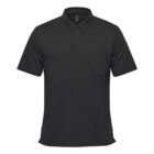 Black polo shirt with buttons and a chest pocket, displayed on a white background.